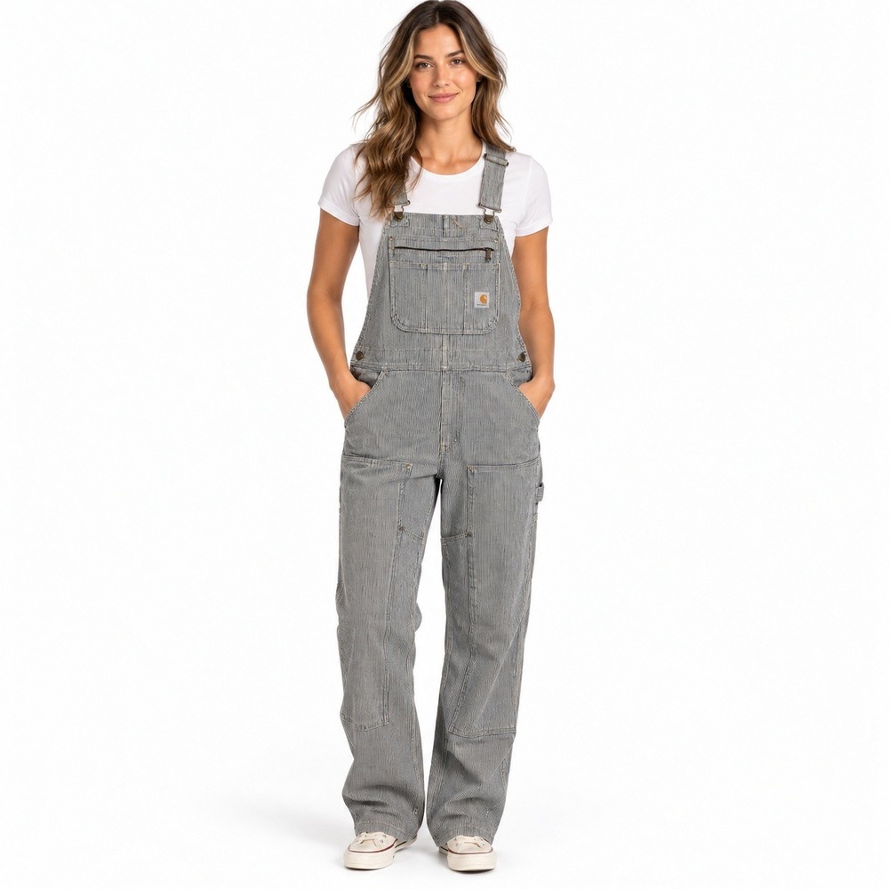 Carhartt Women M 8/10 Railroad Hickory Stripe Double Knee Bib Overalls 103042